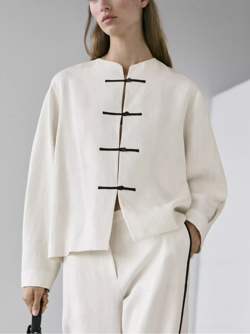 Massimo Dutti Minimalist Linen Cream Button-Front Jacket